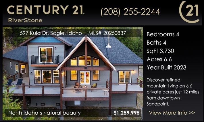 Discover refined mountain living on 6.6 private acres just 12 miles from downtown Sandpoint