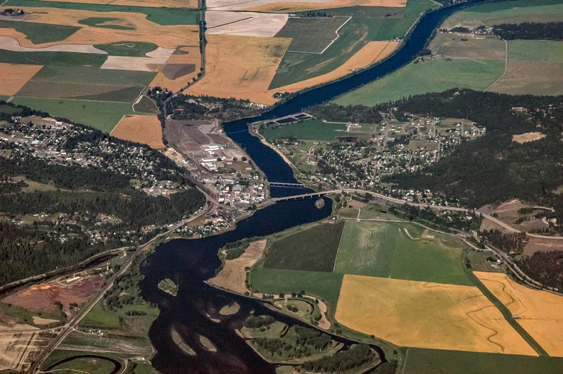 Aerial of the Kootenai River through Bonners Ferry